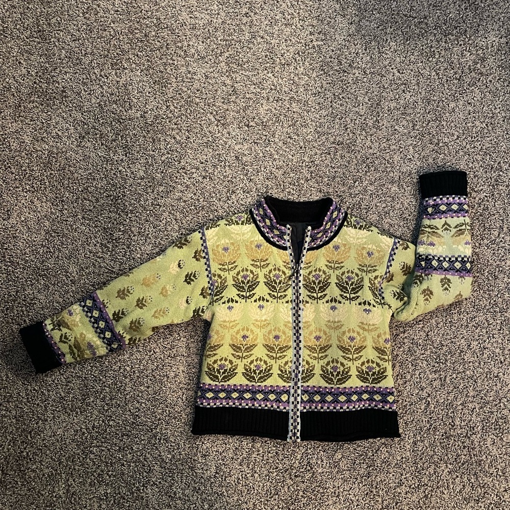 Vintage Icelandic Designs Wool Jacket Green Purple Floral Cottagecore Whimsey